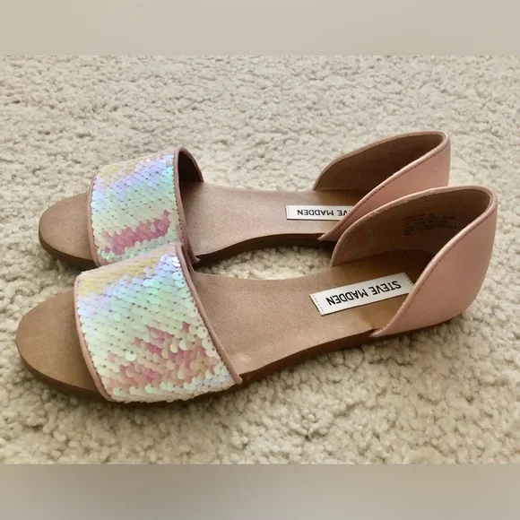 Steve Madden Women’s Sandals Sidestep Sequined Slip On Flats - Picture 2 of 14